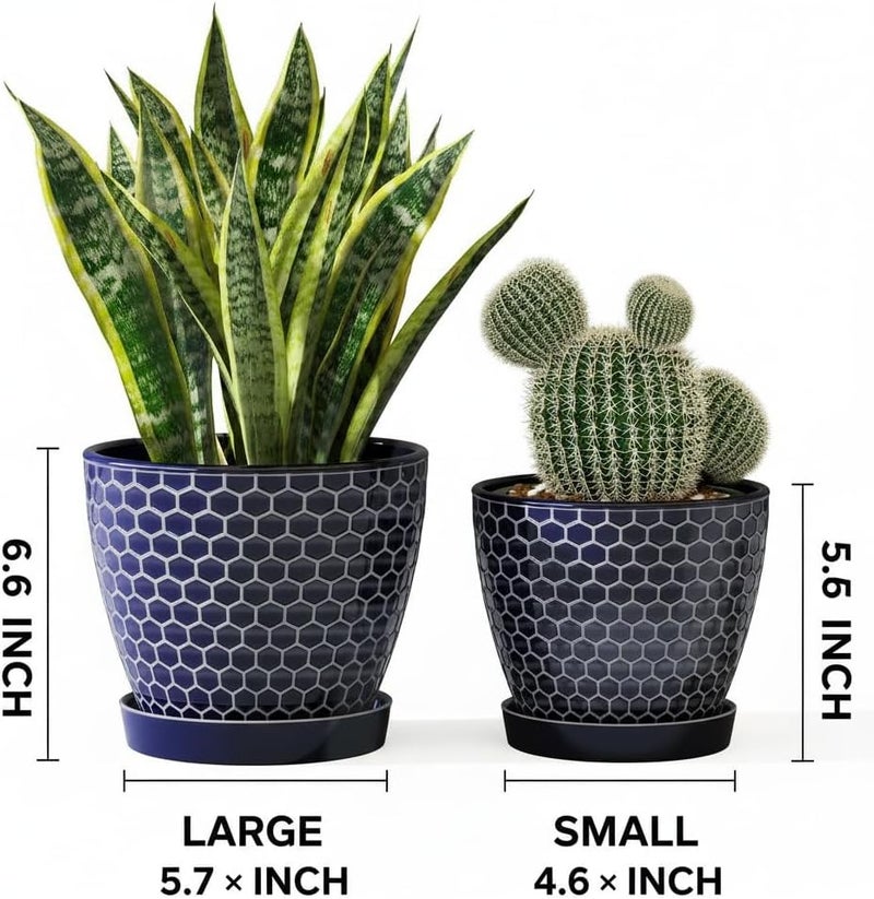 Docrin Store Blue Honeycomb Ceramic Plant Pot Set - 6.6"+5.5" Inch, Modern Decorative Planters with Drainage Holes & Saucers for Indoor/Outdoor Home Office - Image 2